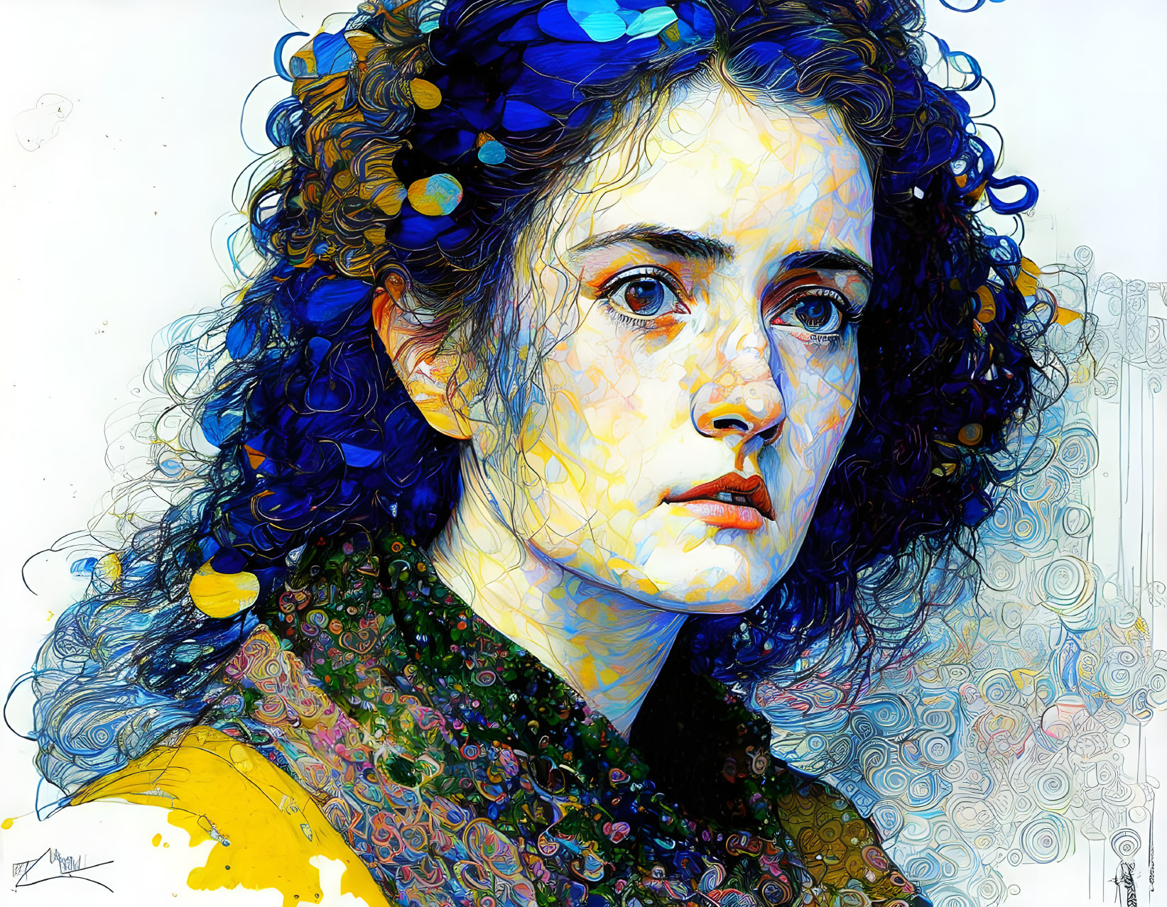 Vibrant digital portrait of a woman with curly hair and swirling patterns