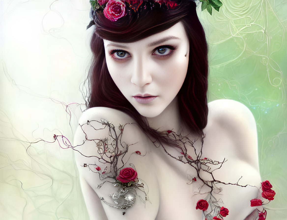 Digital artwork: Pale-skinned person with red flowers in hair and limbs, minimal jewelry, on soft