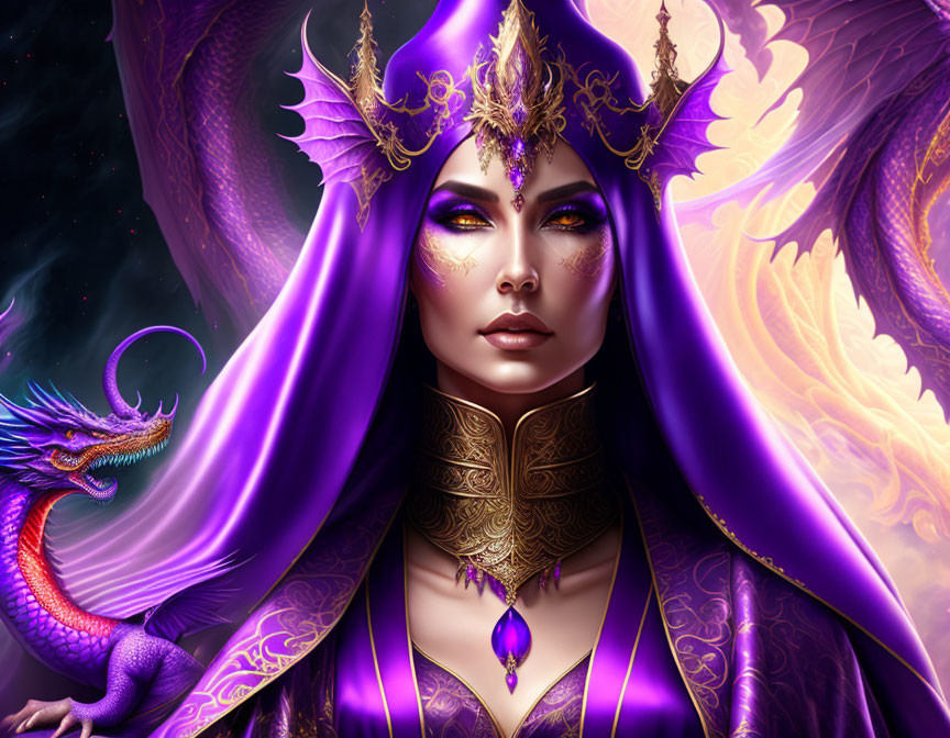 Purple-skinned woman with golden crown and dragon in mystical violet setting