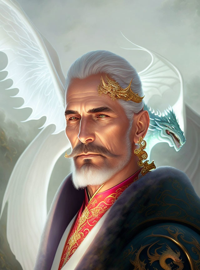 Elder Male Figure with White Hair, Crown, Wings, and Dragon