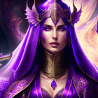 Purple-skinned woman with golden crown and dragon in mystical violet setting