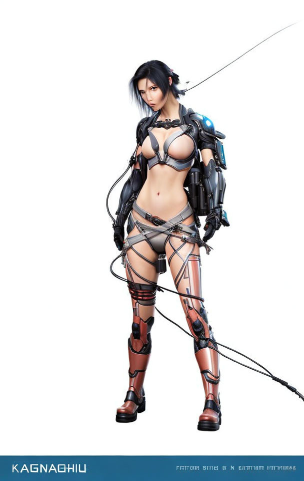 Black-Haired Female Character in Futuristic Armor with Sword and Mechanical Component