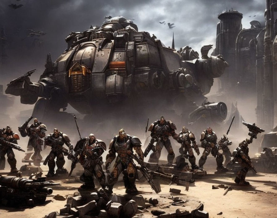 Futuristic soldiers in heavy armor march through war-torn landscape