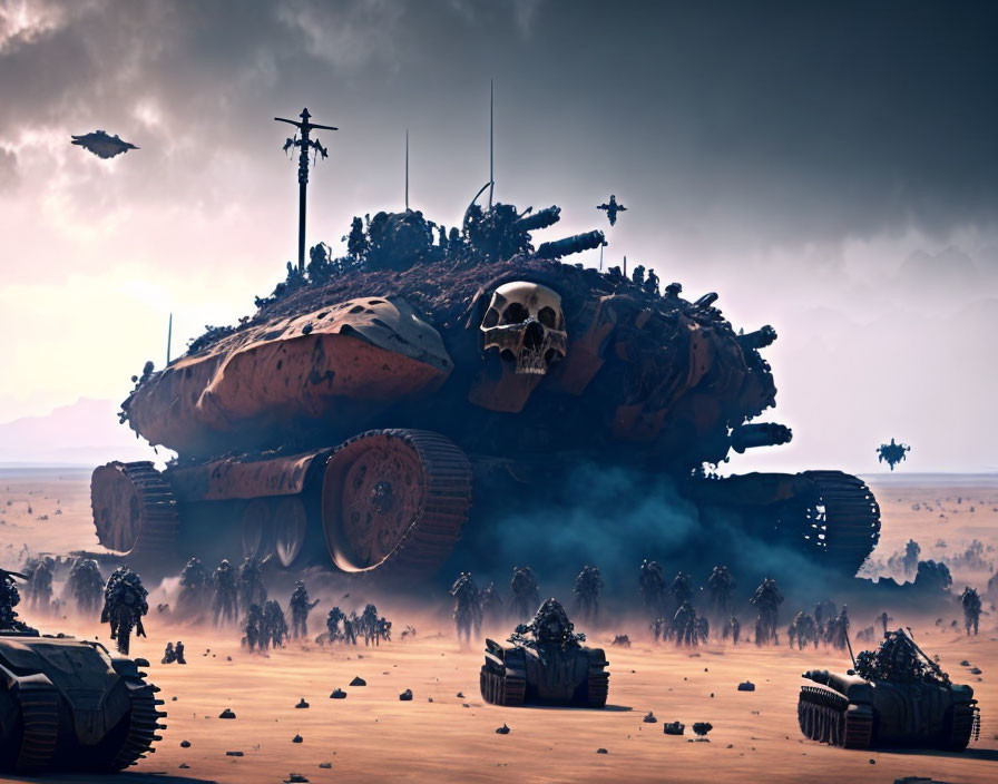 Armored tanks, troops, and aircraft in futuristic desert battlefield