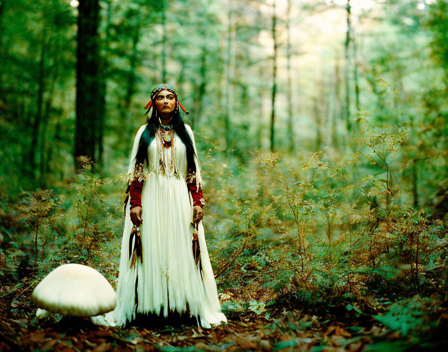 Native American person in traditional attire with white mushroom in forest