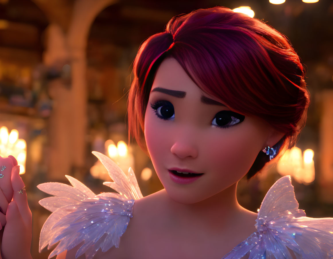 Red-haired animated character with fairy wings in cozy interior setting