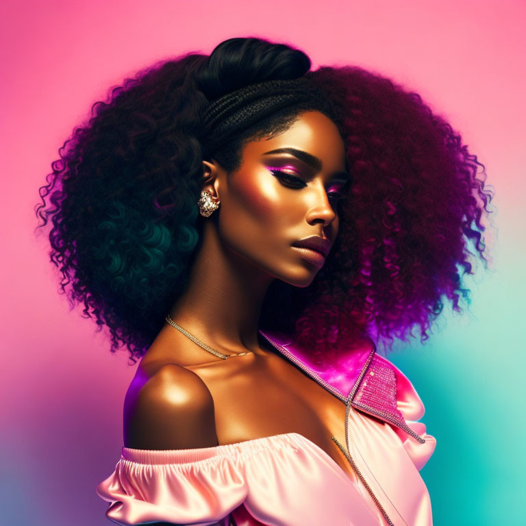 Woman with Voluminous Curly Hair and Vibrant Makeup in Shimmering Pink Outfit