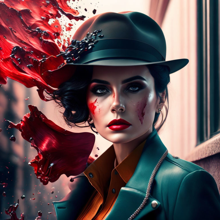 Woman in Green Hat and Coat with Striking Makeup and Artistic Black Liquid Splash