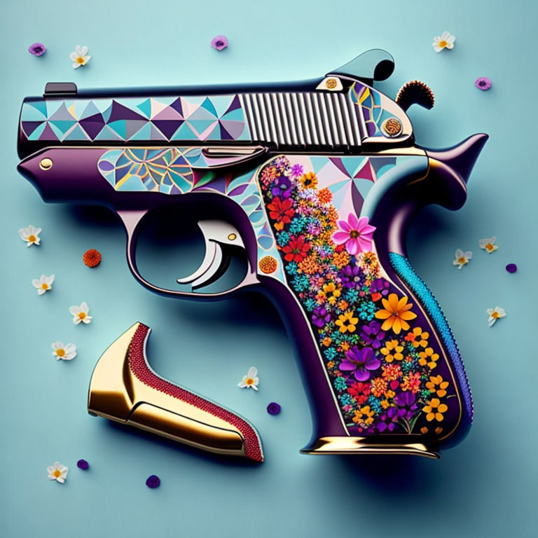 Colorful stylized gun with floral pattern on teal background