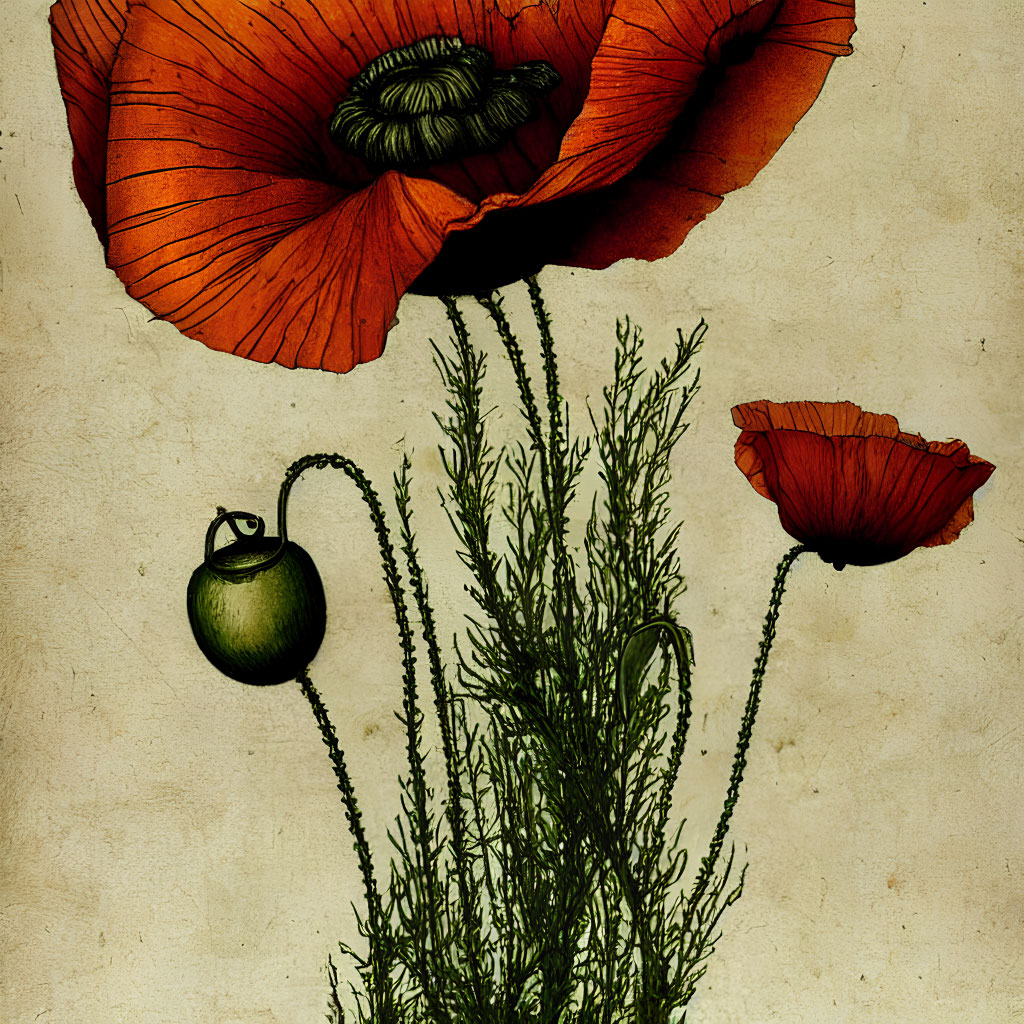 Vibrant red poppies illustration on textured antique background