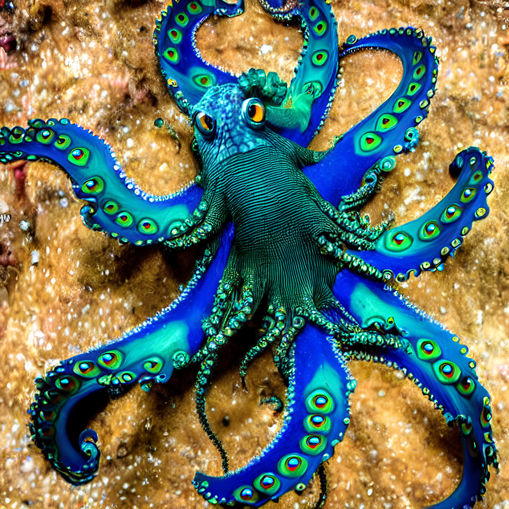 Colorful Blue-Ringed Octopus on Textured Seabed