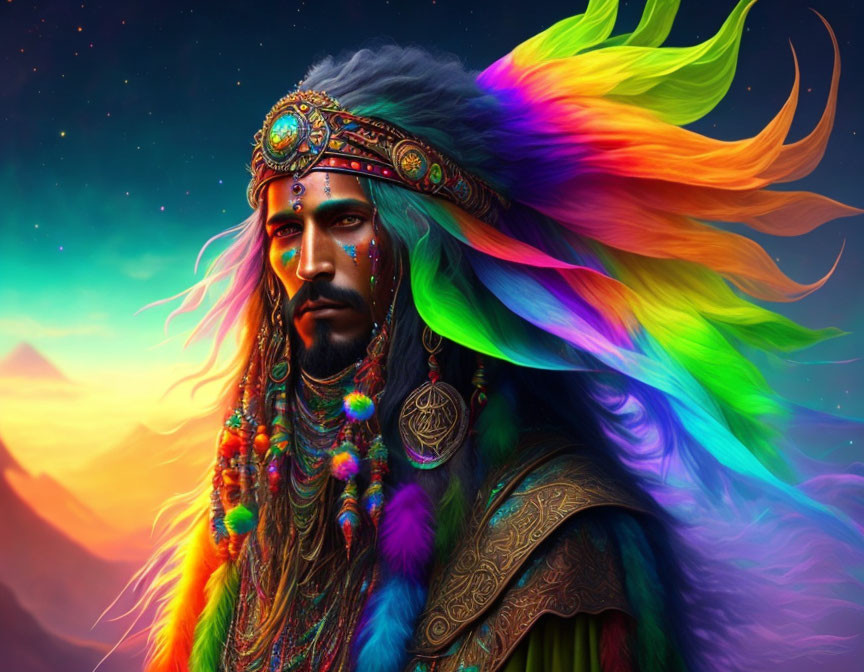 Colorful Digital Artwork: Man with Rainbow Feather Headdress