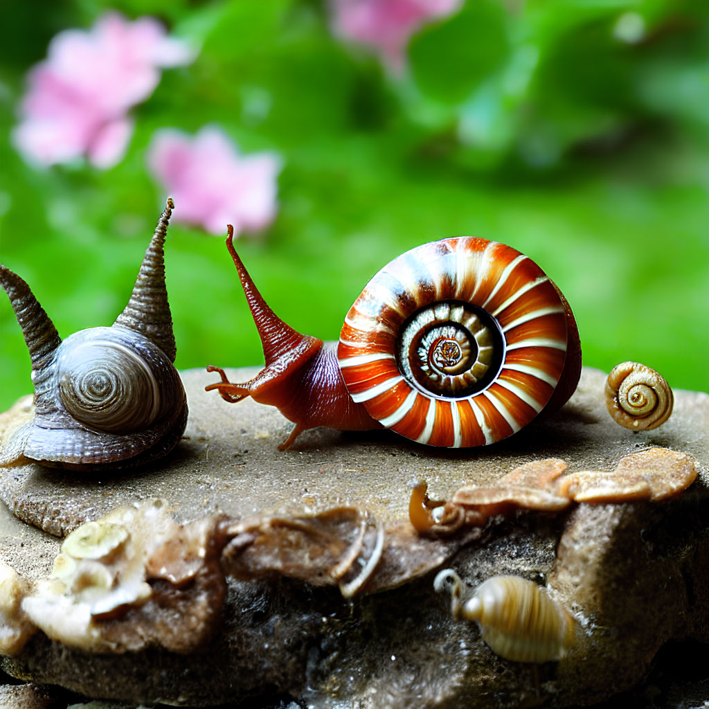 Snails with Varied Spiral Shells Among Greenery and Flowers