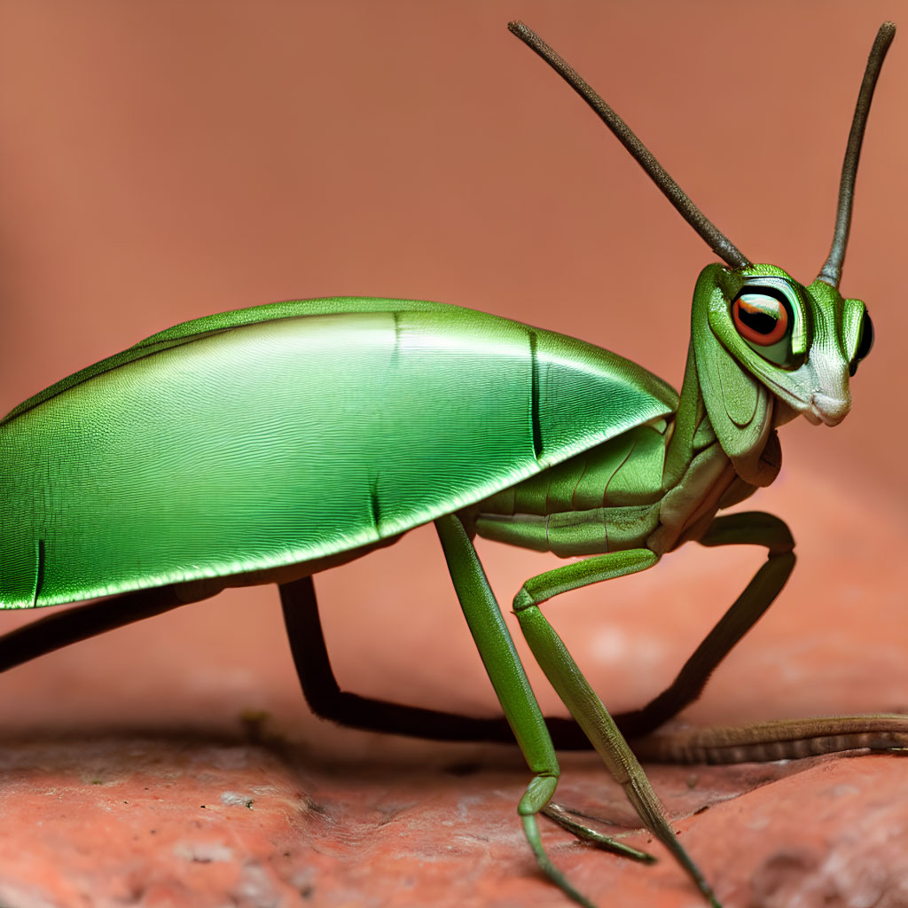 Cartoonish green praying mantis with exaggerated eyes on terracotta surface