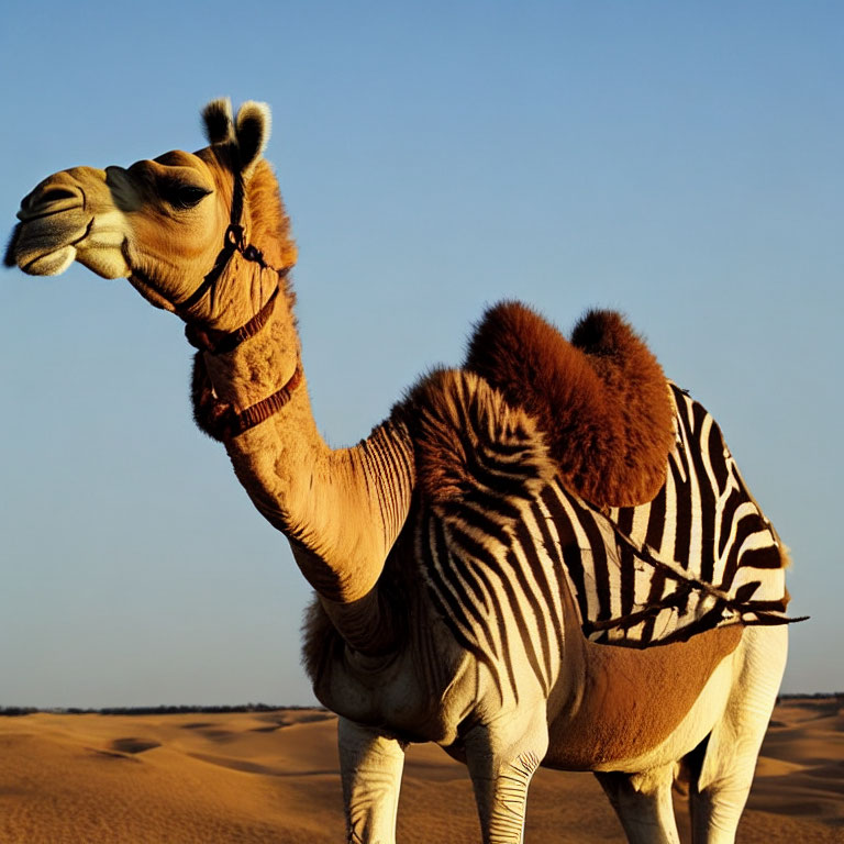 Camel with zebra-patterned blanket in desert landscape