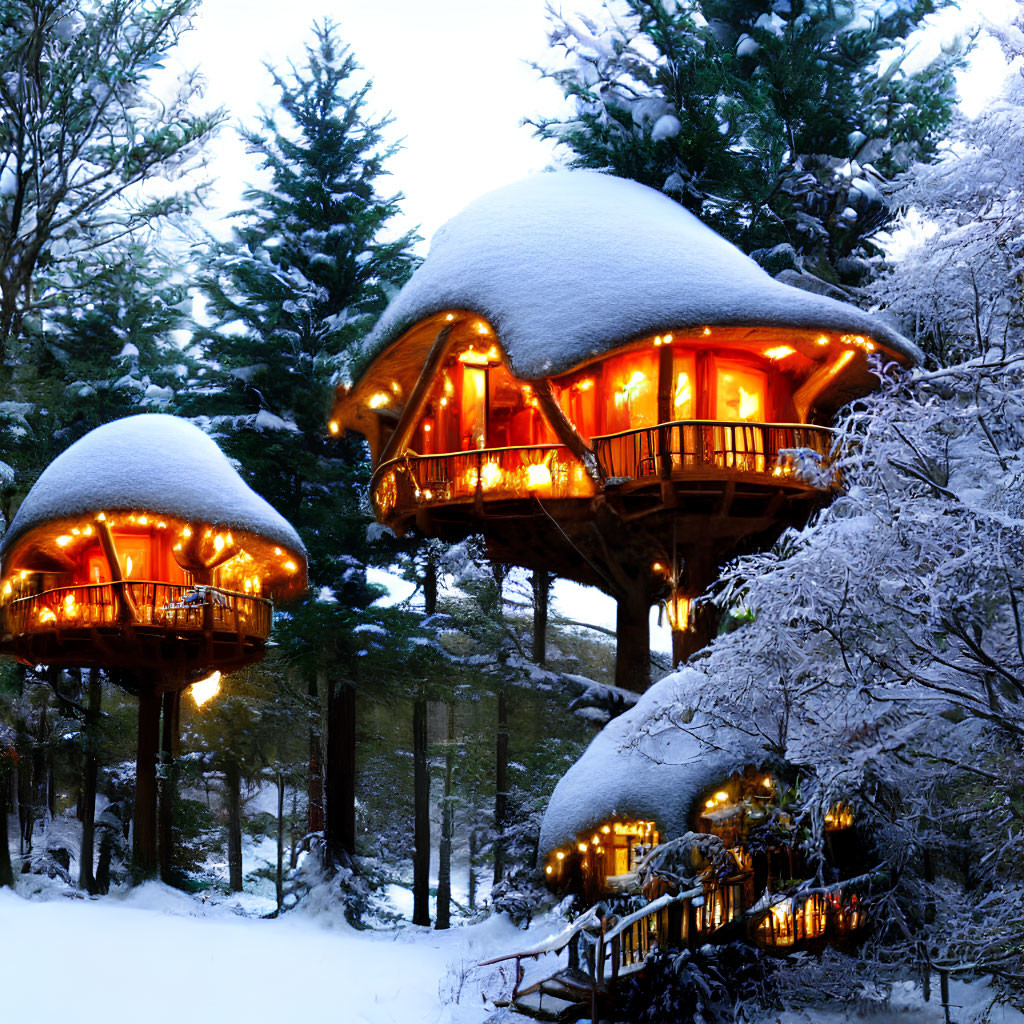 Snow-covered treehouses with conical roofs in winter forest dusk.