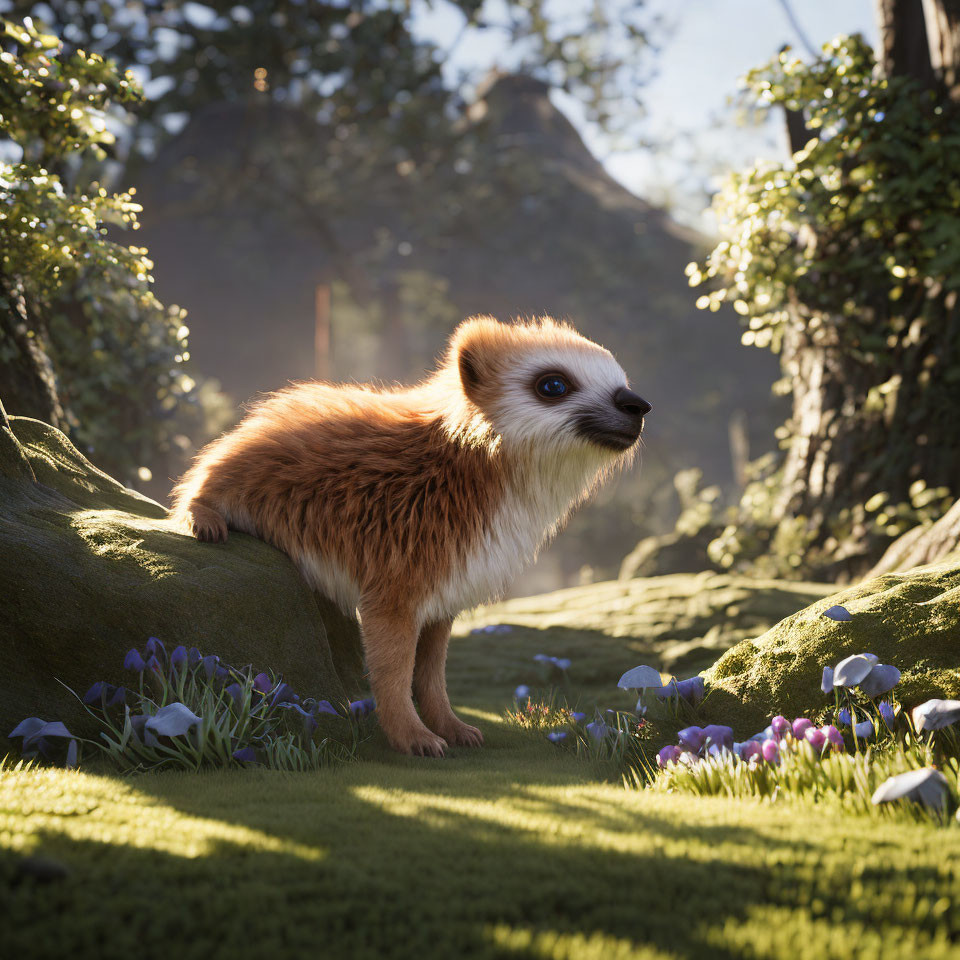 Fluffy orange and white creature in forest sunlight