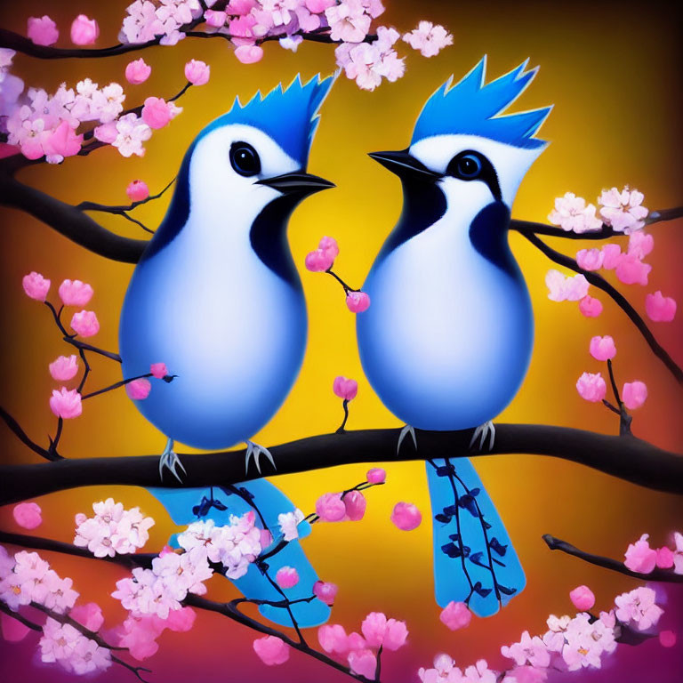 Stylized blue birds with mohawk crests on blossom branch, purple and orange background