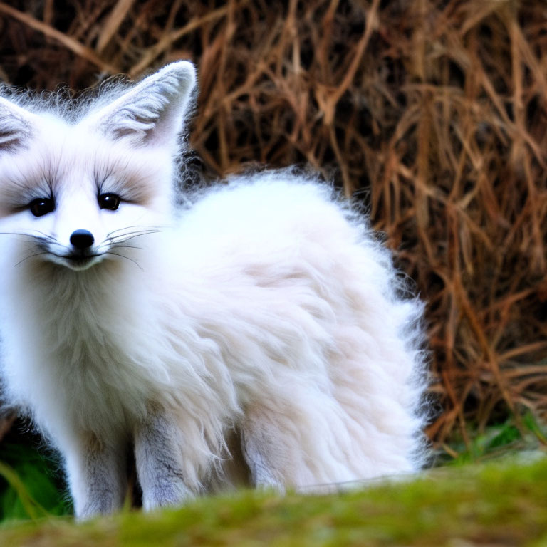 White Fox with Black-Tipped Ears in Greenery and Brown Foliage