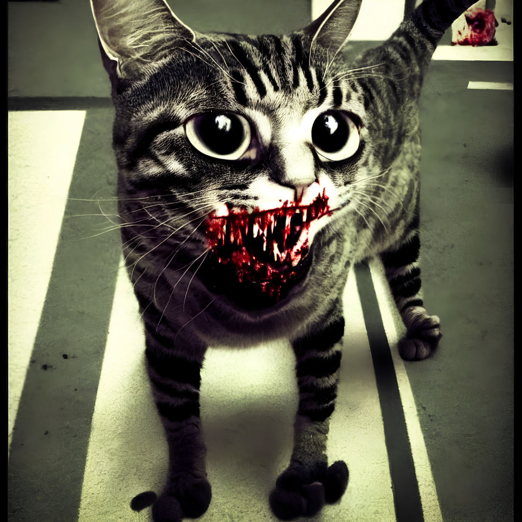 Digital artwork of a cat with enlarged eyes and menacing teeth.