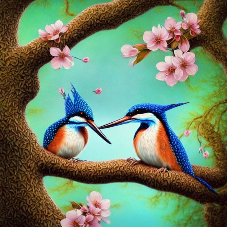 Vibrant kingfishers on a flowering branch in whimsical setting