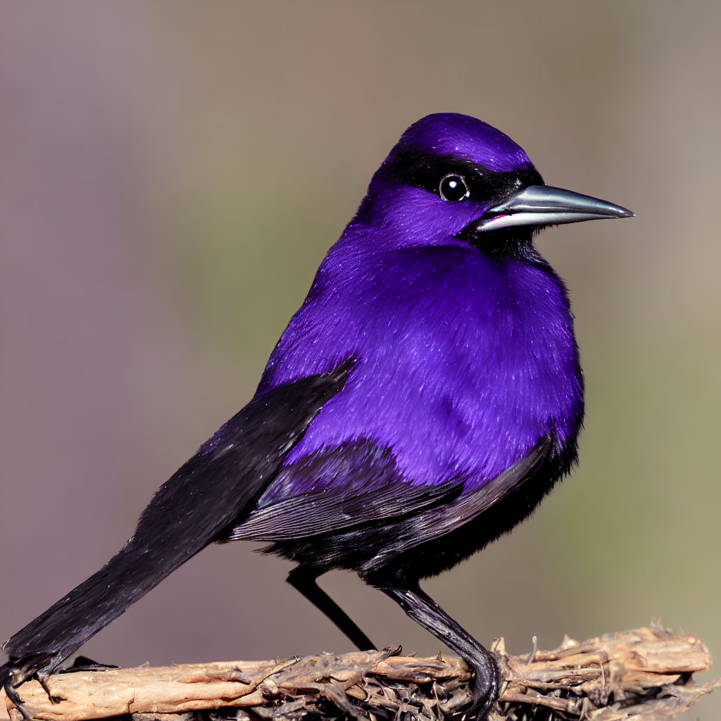 Vibrant purple bird with glossy plumage and black beak perched on branch.