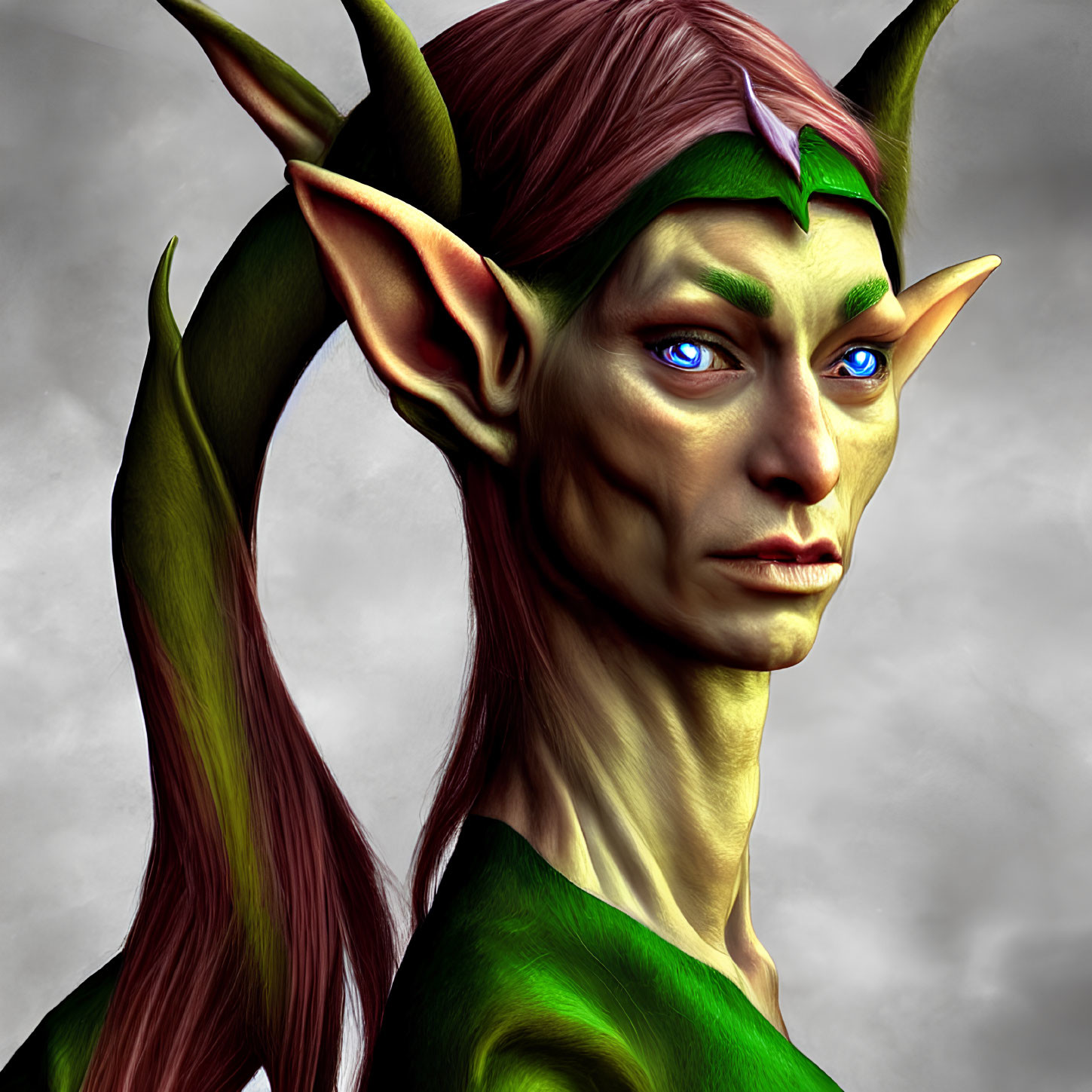 Elf illustration: Long ears, green skin, blue eyes, mystical headpiece