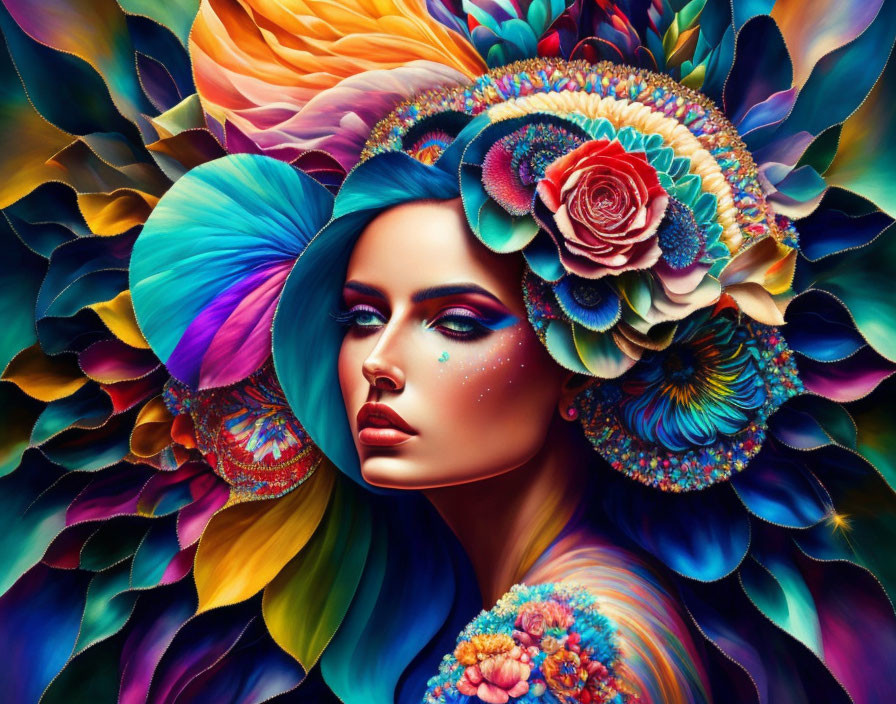 Colorful floral patterns adorn woman's face in vibrant artwork