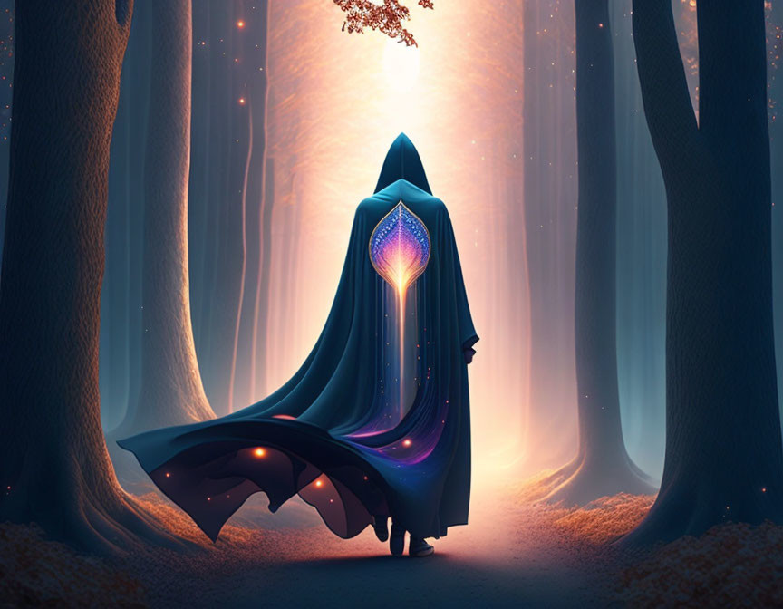 Cloaked Figure with Glowing Tree and Radiant Crystal