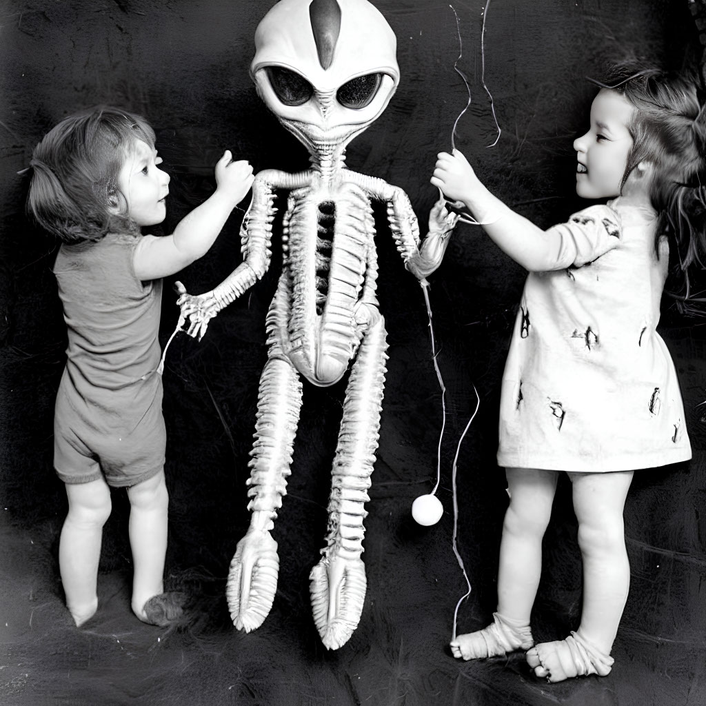 Children with life-sized alien model in playful interaction