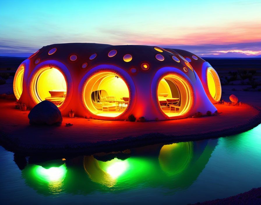 Dome-shaped building with vibrant lighting at dusk by serene water