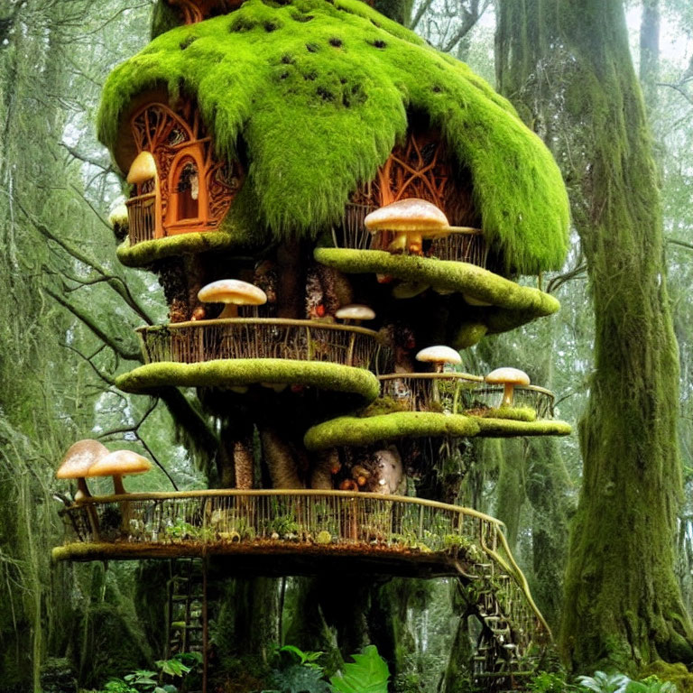 Enchanted forest treehouse with moss roof and mushroom accents