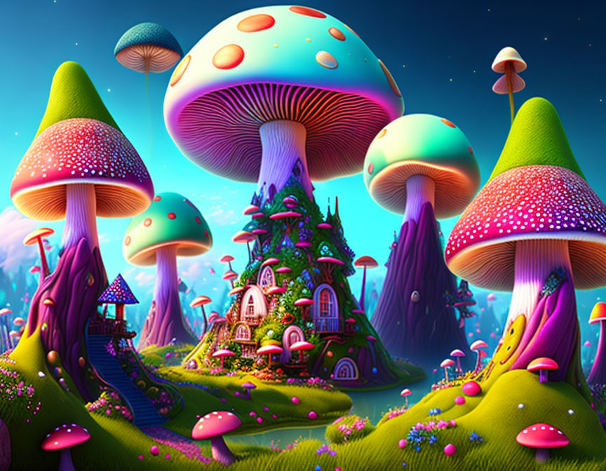 Colorful Oversized Mushrooms and Whimsical Cottage in Fantasy Landscape