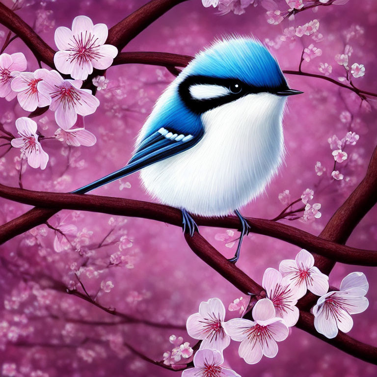 Blue and White Bird Perched on Branch with Cherry Blossoms on Pink Background