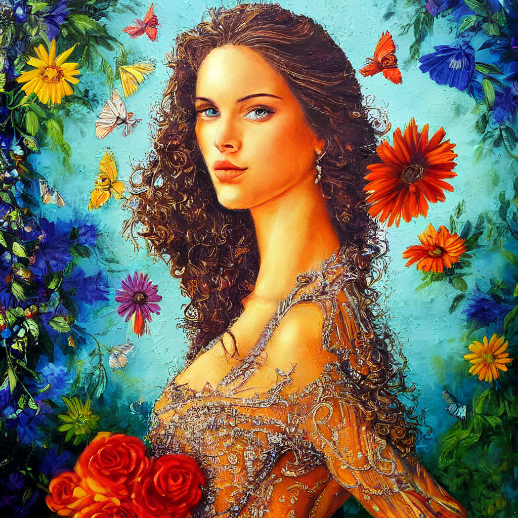 Colorful portrait of woman with flowers, butterflies, and lace detail