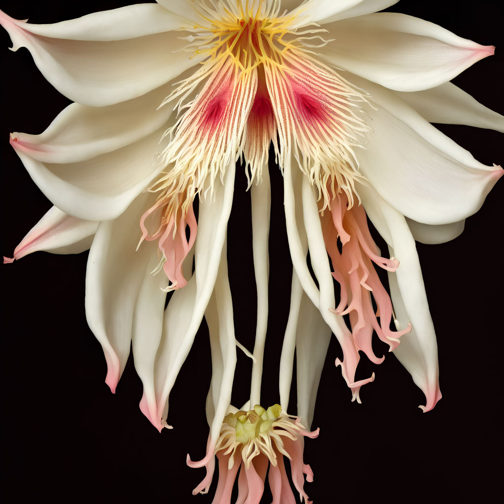 Detailed White and Pink Night-Blooming Cereus Flower on Black Background