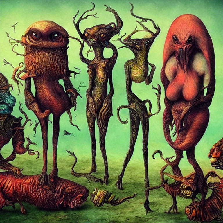 Surreal Artwork: Creatures with Elongated Limbs, Branching Antlers, and