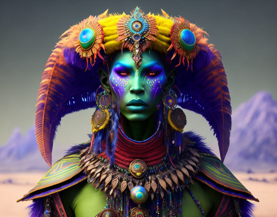 Blue-skinned alien female with tribal jewelry and feathered headdress in regal pose against mountainous