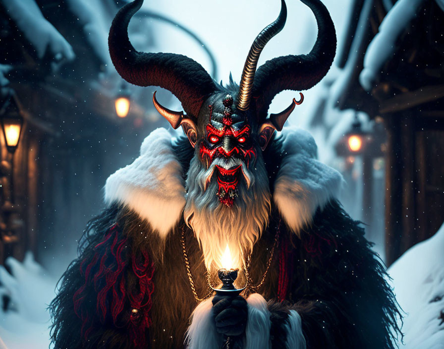 Menacing Krampus-like figure with glowing eyes in snowy scene