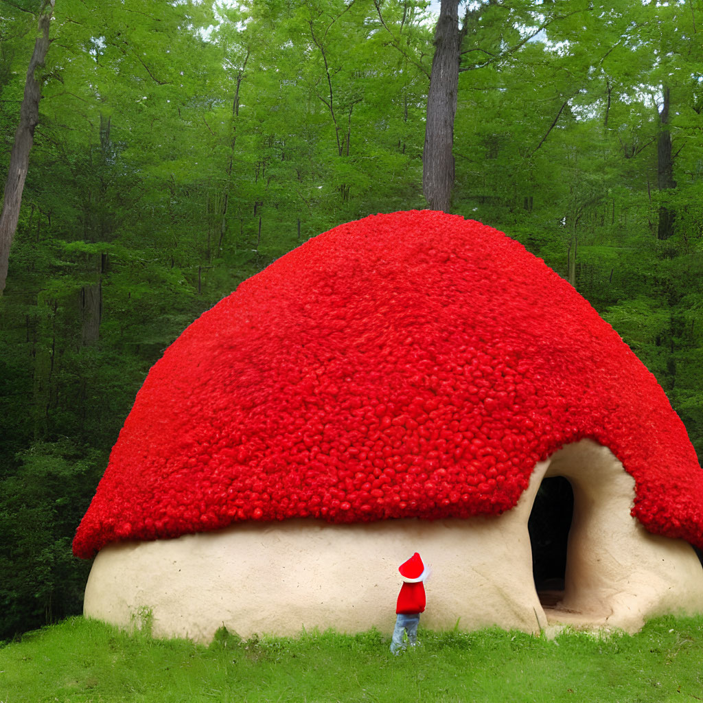 Vibrant red mushroom structure with gnome in lush forest