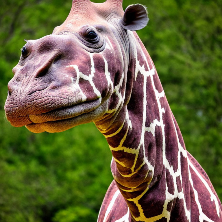 Patterned neck giraffe with gentle expression in close-up against green background