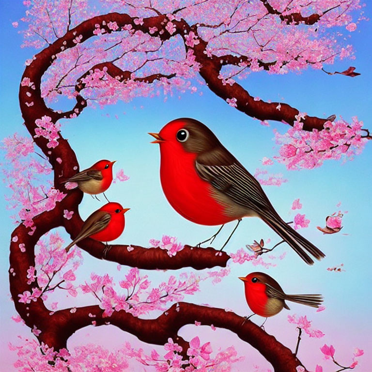 Colorful red birds on cherry blossom tree with pink and blue sky