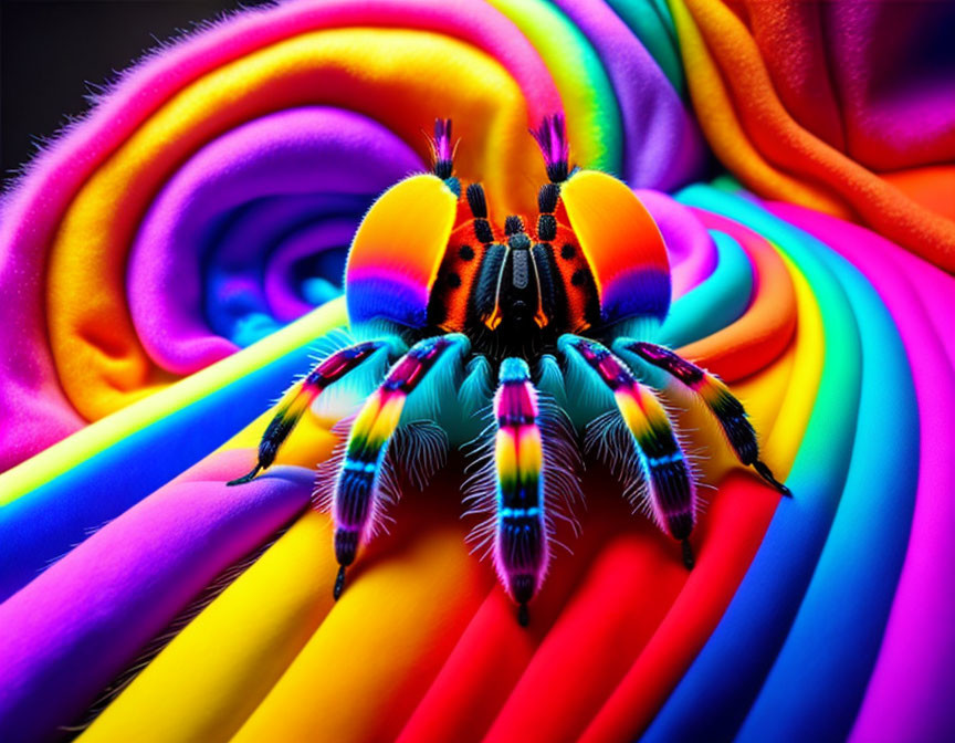 Colorful Jumping Spider on Neon Rainbow Background