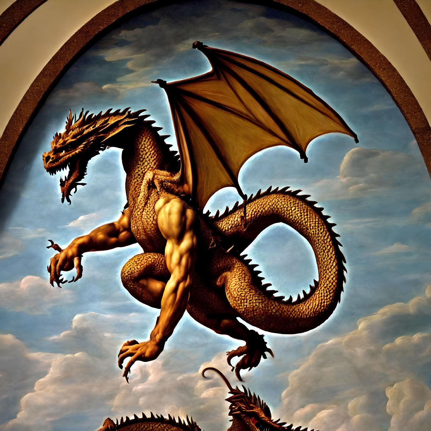 Majestic dragon with wings by arched window under cloudy sky