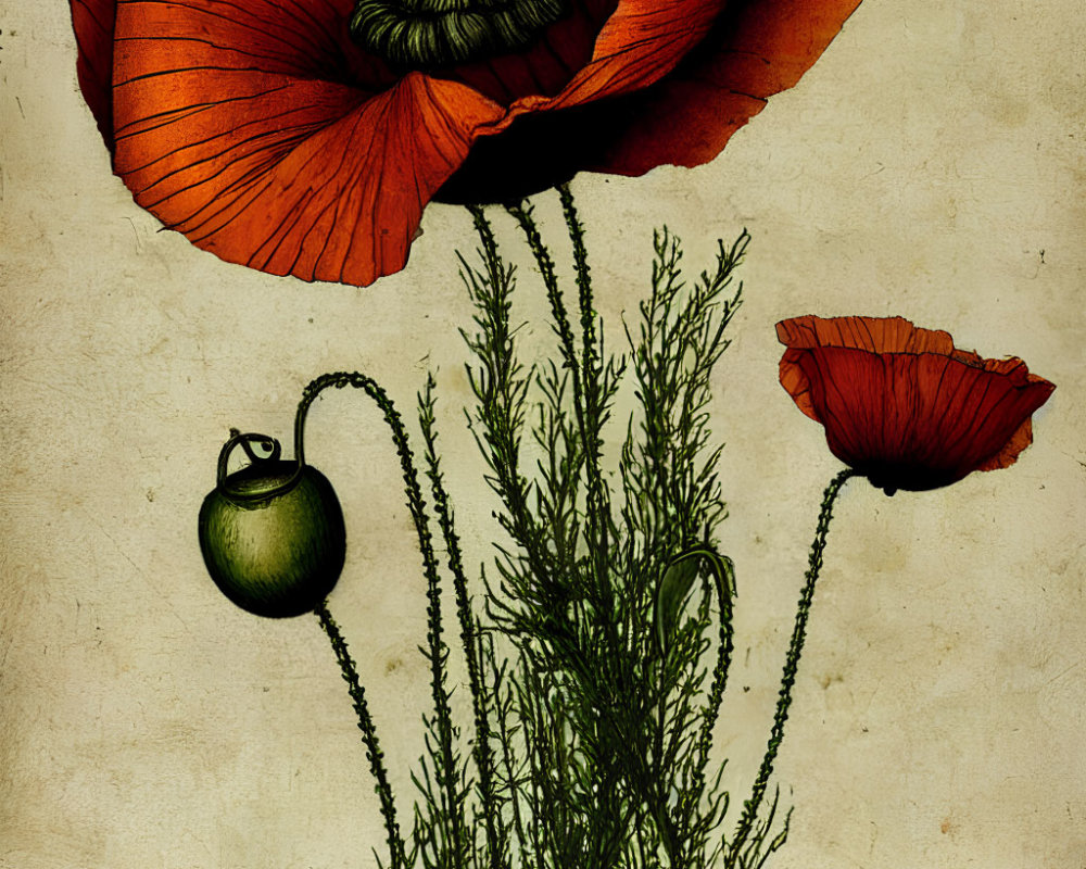 Vibrant red poppies illustration on textured antique background