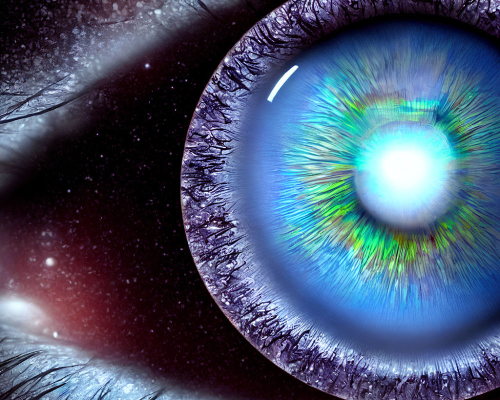 Detailed close-up of a human eye with vibrant blue iris and cosmic elements.