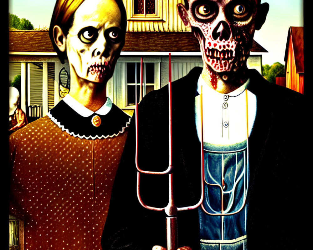 Skull-faced figures with pitchfork in front of house