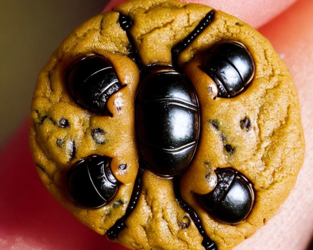 Round cookie with beetle-like design in chocolate or icing.