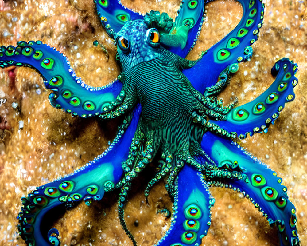 Colorful Blue-Ringed Octopus on Textured Seabed