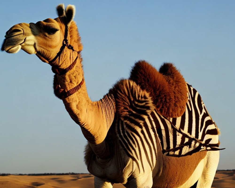 Camel with zebra-patterned blanket in desert landscape